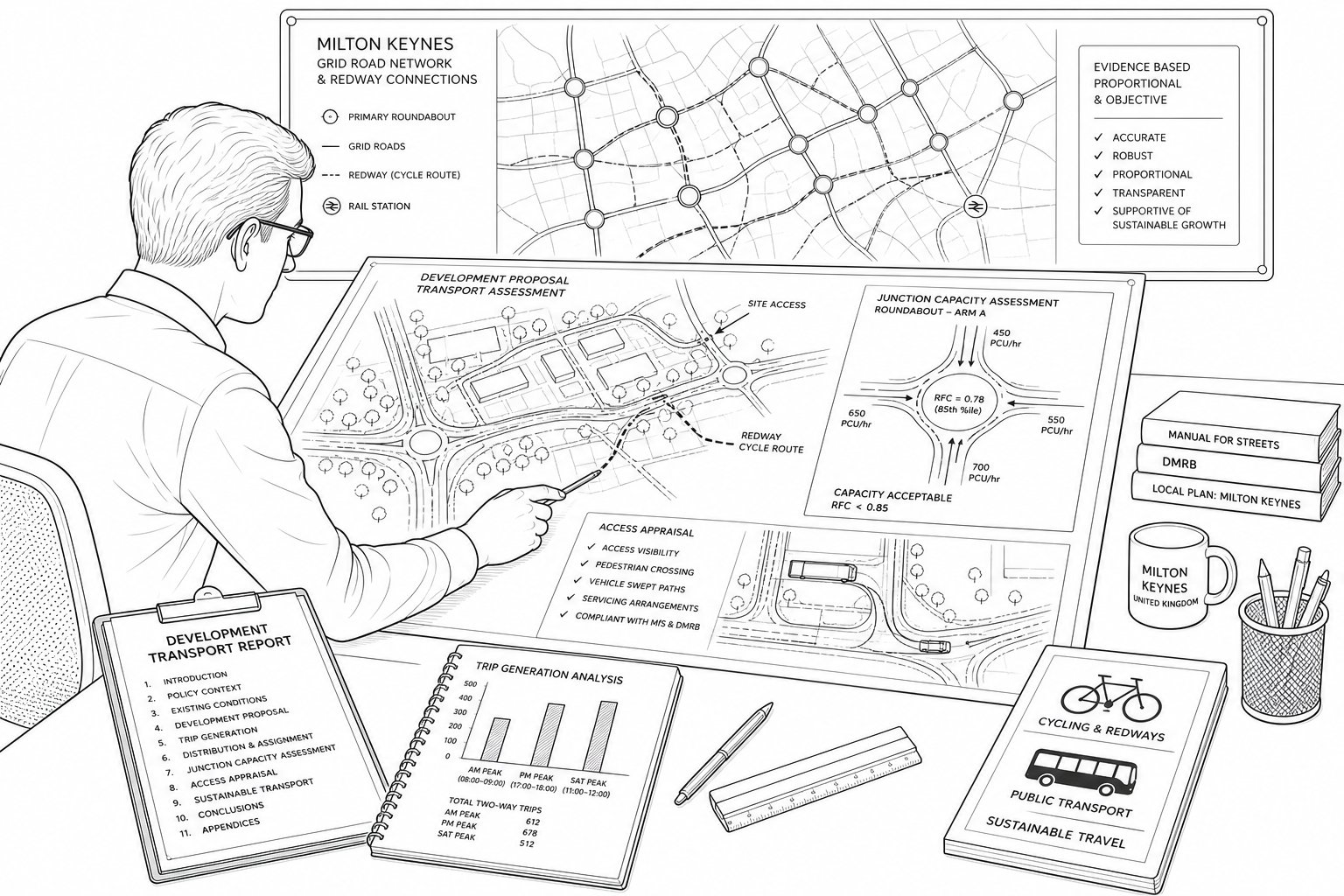 Traffic engineer reviewing transport plans, junctions, and access for a development proposal.