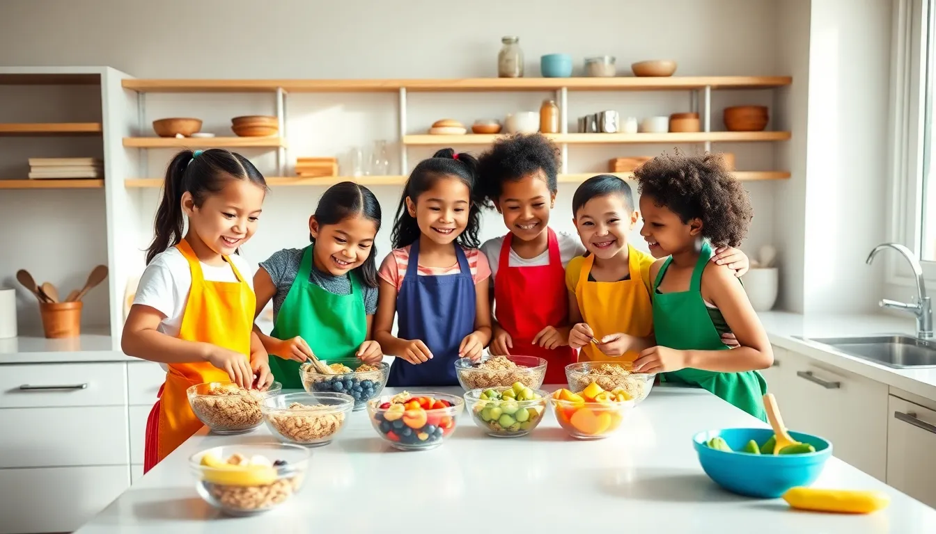 children baking healthy muffins in a bright kitchen.