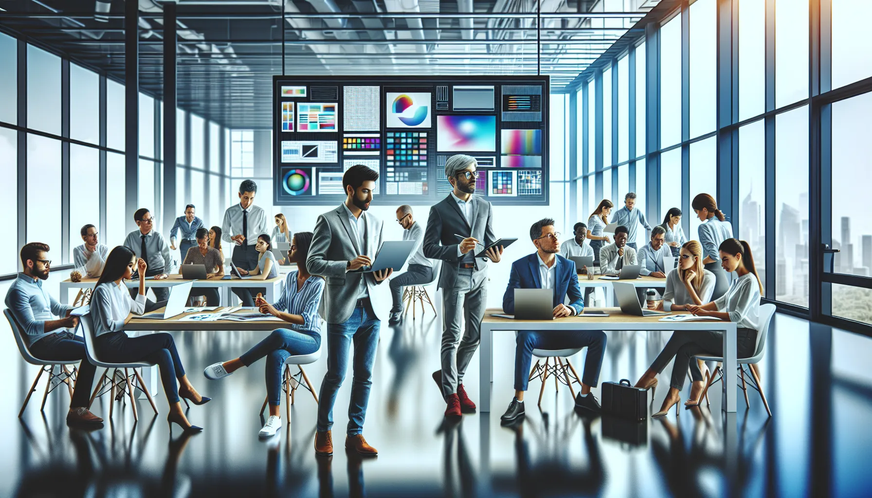 diverse professionals collaborating in a Photoshop training class.