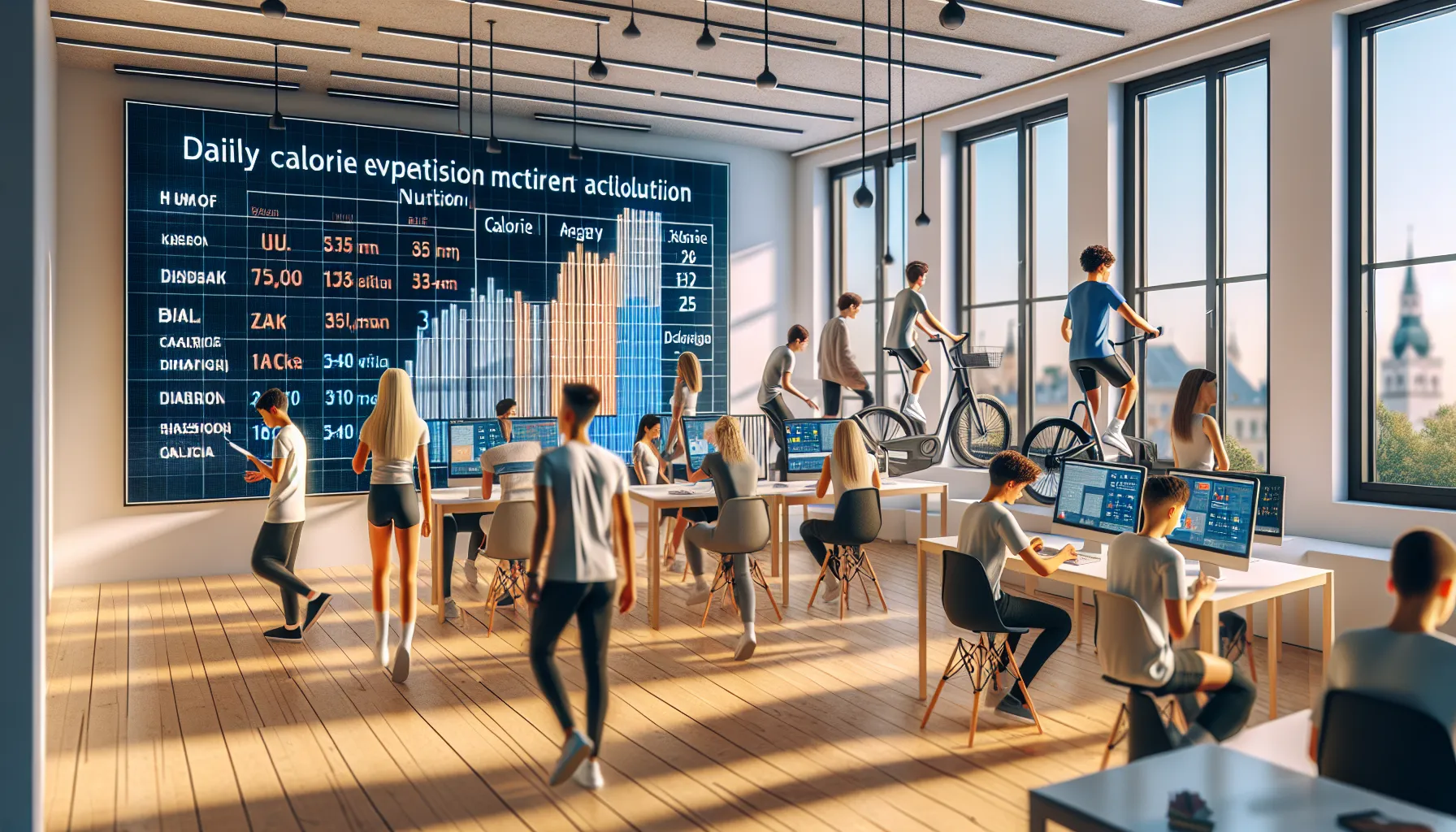 Croatian teenagers in a modern classroom illustrating calorie consumption activities.