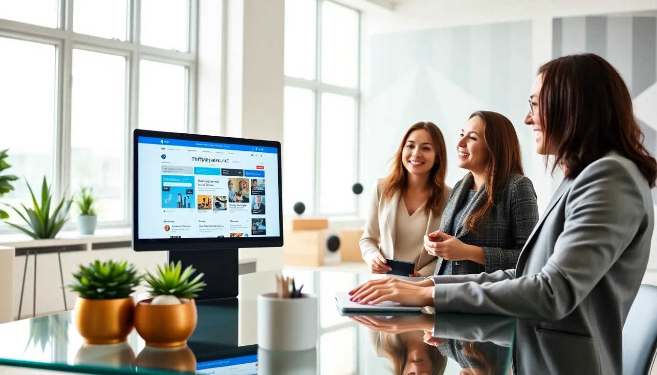 event planners collaborating over ThriftyEvents.net in a modern office.