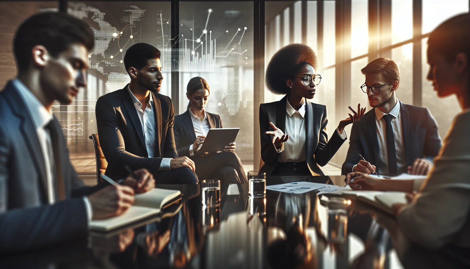 Professionals discussing communication theories in a modern office.