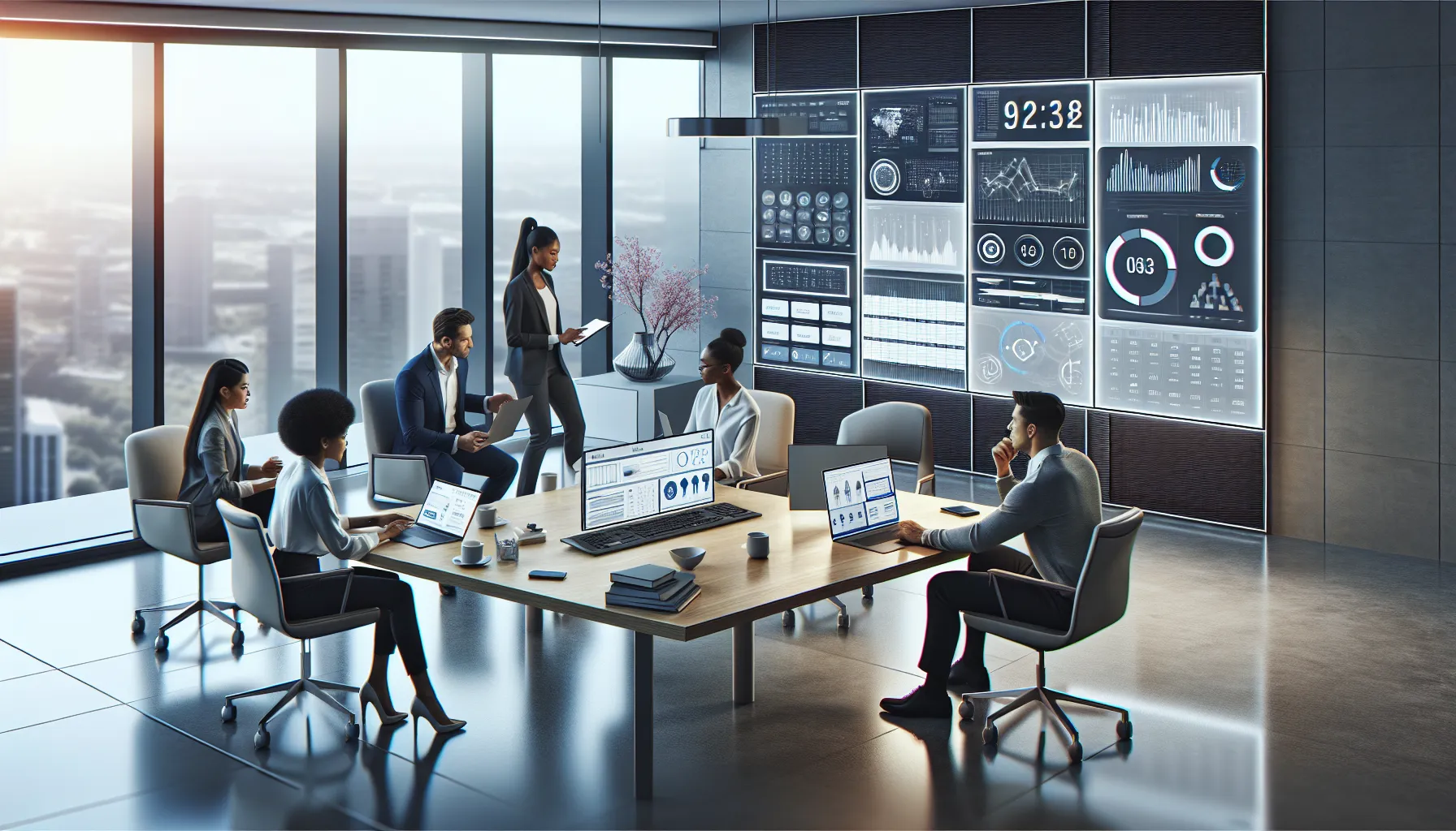 diverse team collaborating with technology in a modern office.