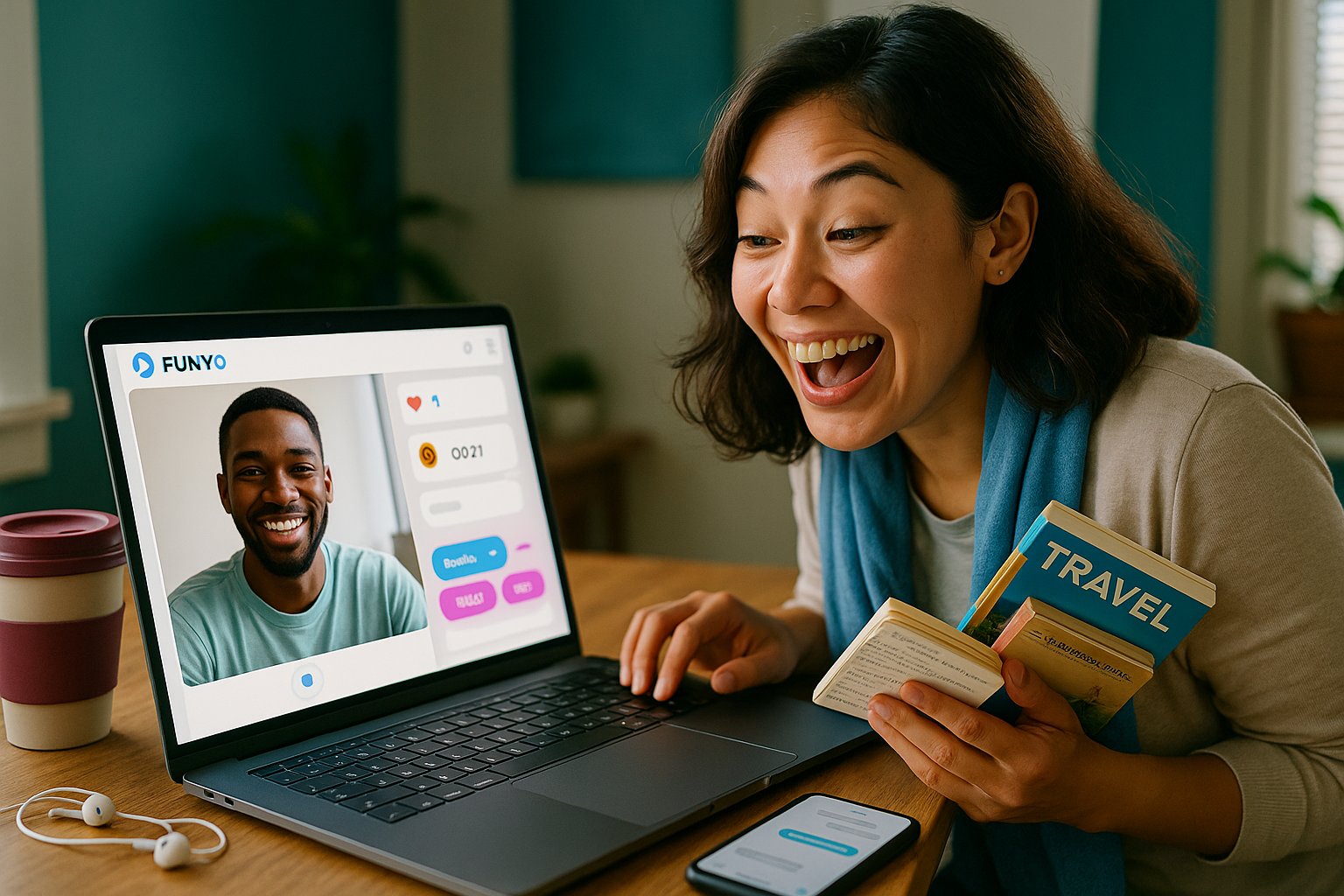 Young woman laughing during a browser-based Funyo video chat at her desk.