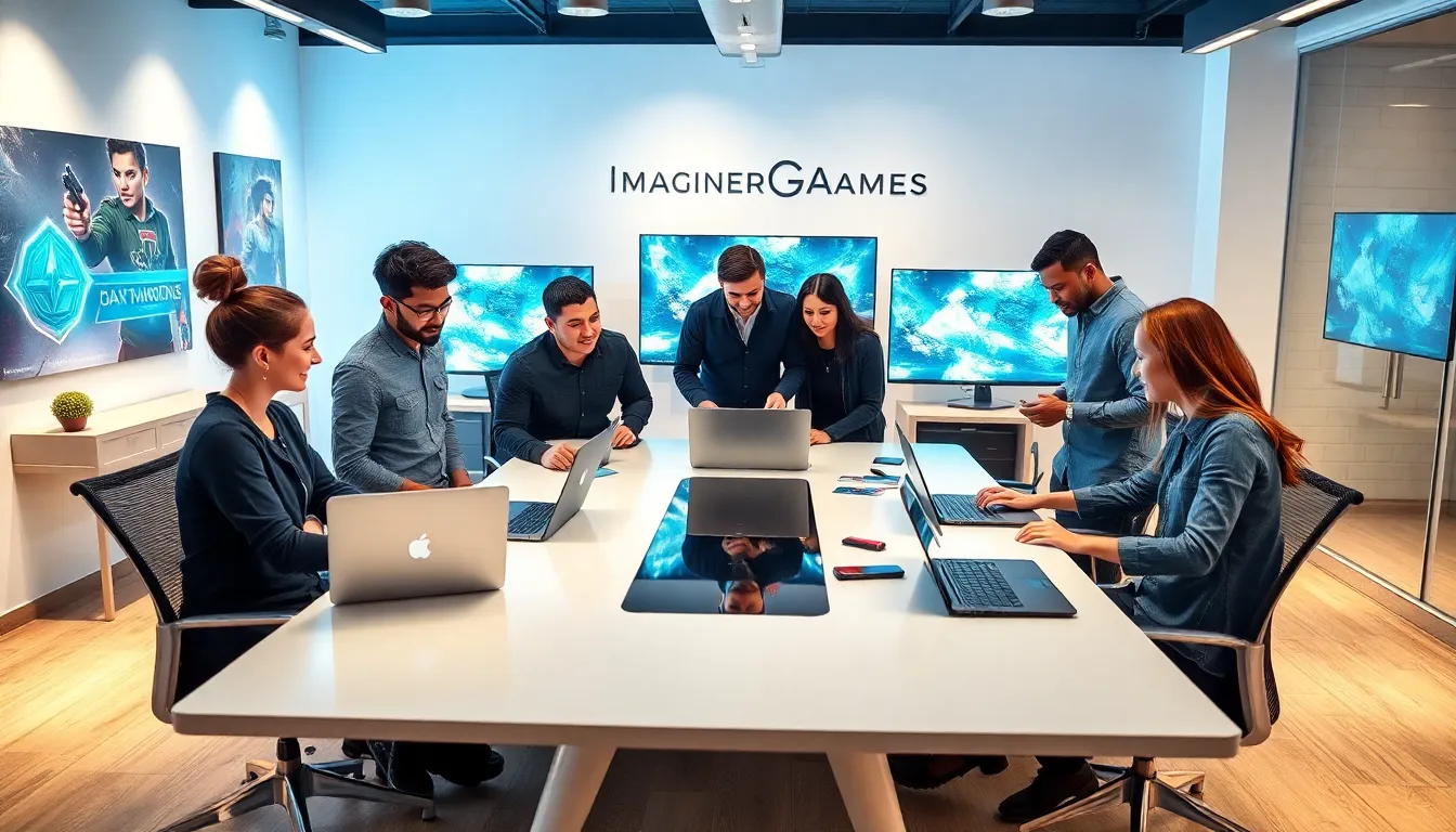 diverse team collaborating in a modern gaming office.
