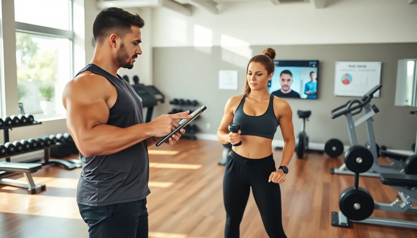 Personal trainer coaching client in a modern, well-lit gym.