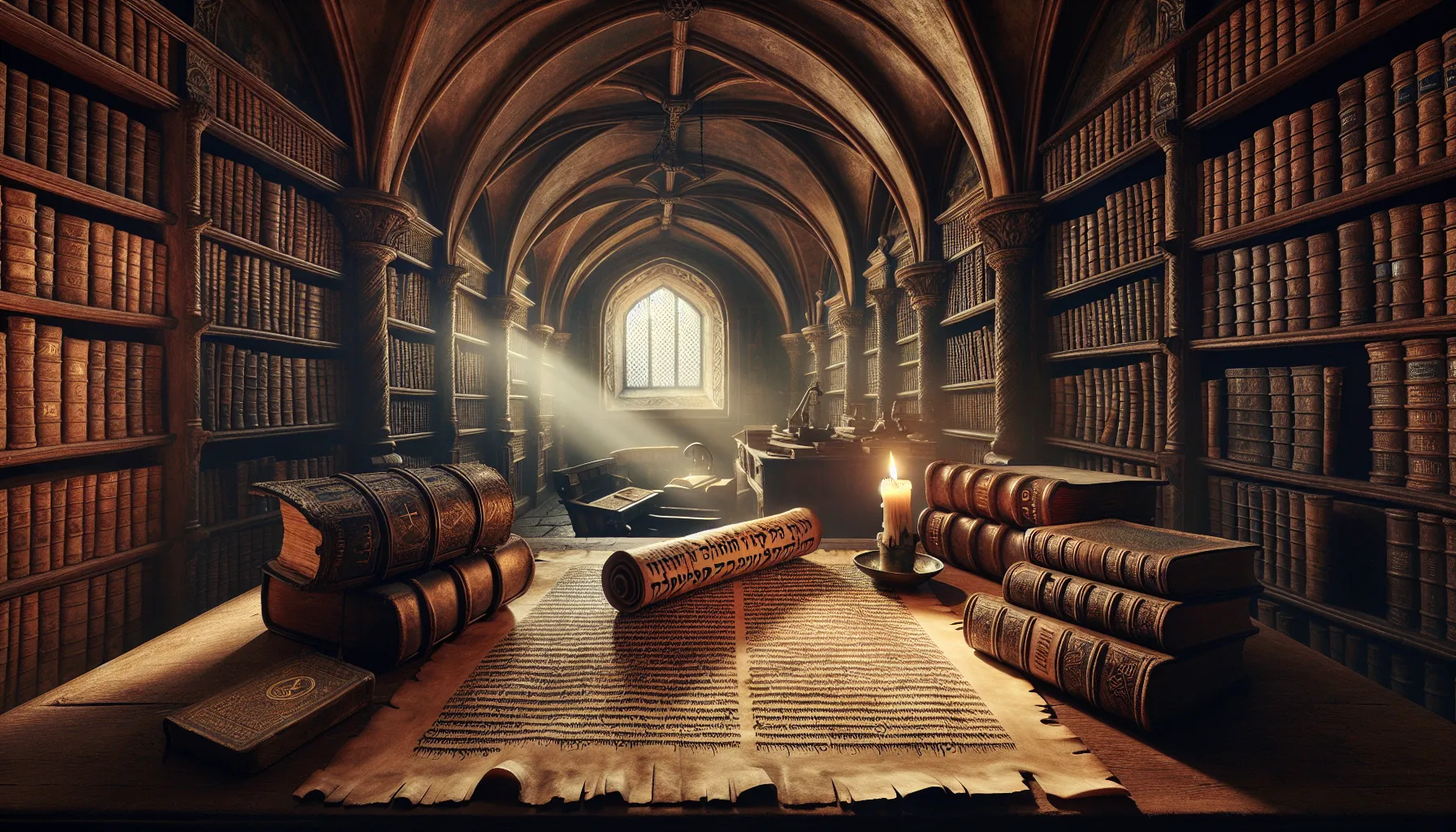 an ancient scroll and Bibles in a warm, scholarly setting.