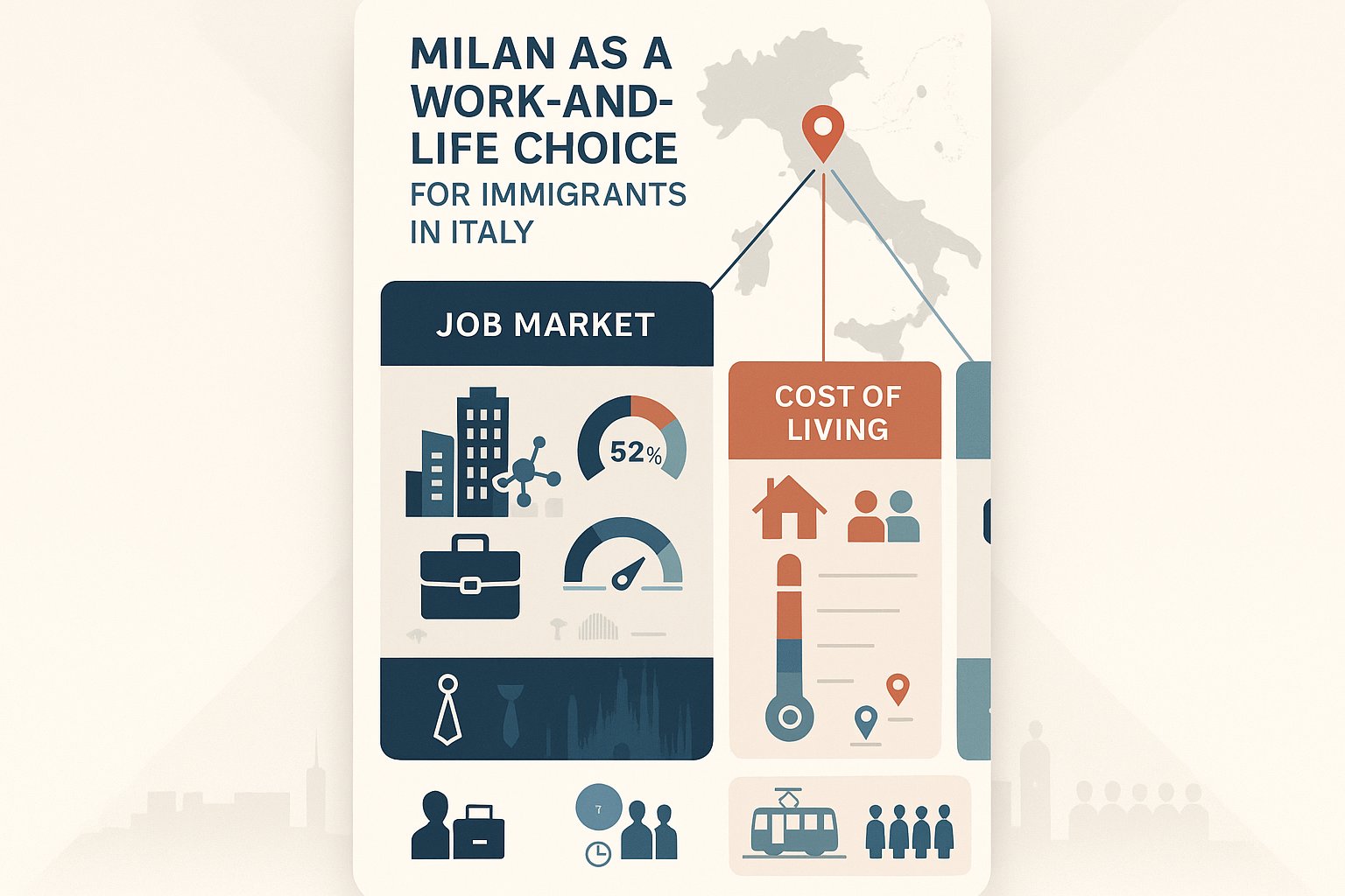 Scheda infografica che evidenzia lavoro, costi, trasporti e comunità expat di Milano.