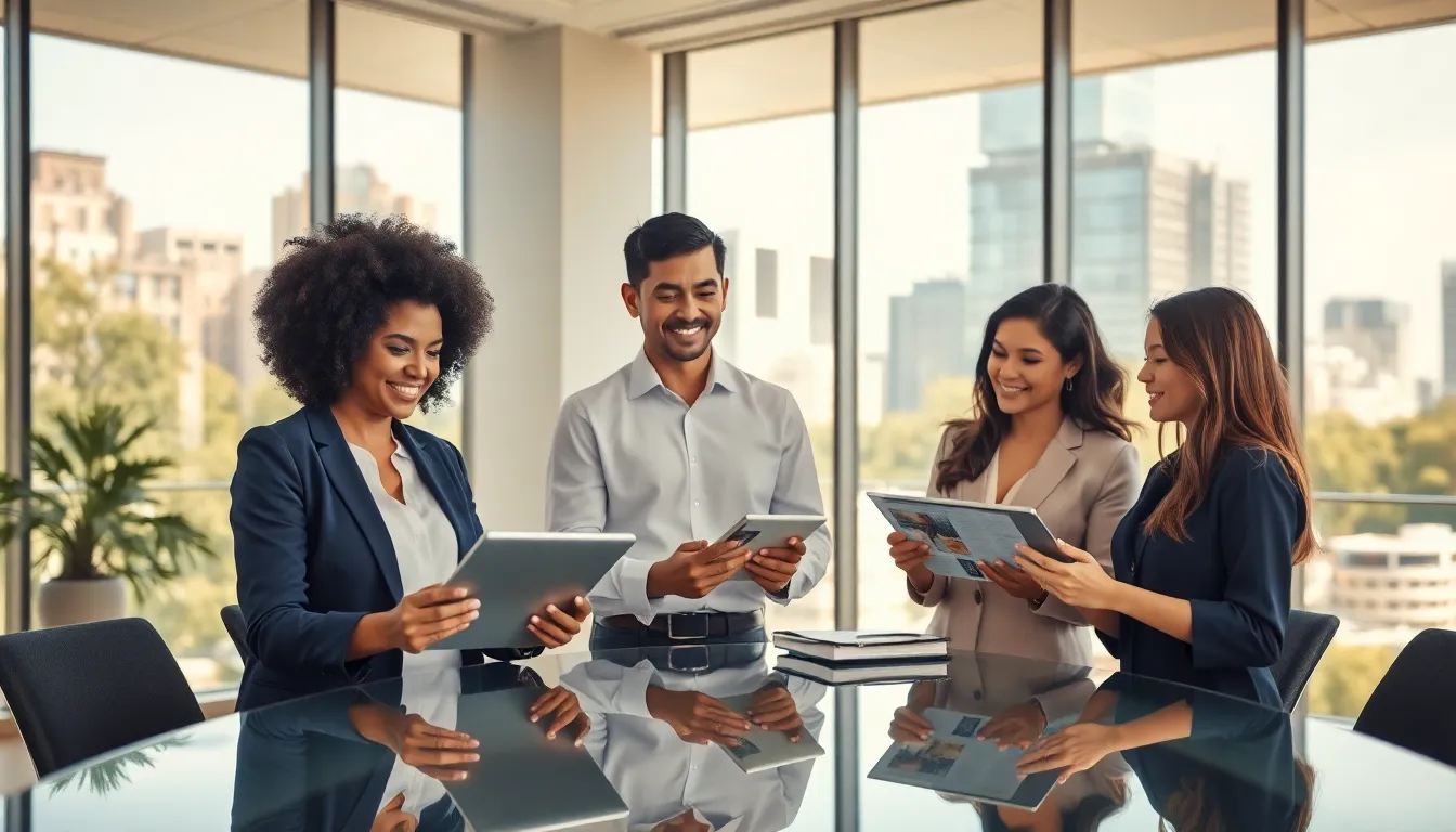 diverse real estate agents collaborating in a bright office.