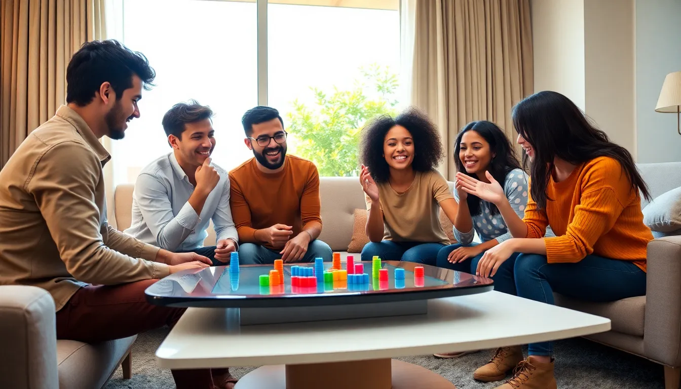 diverse group enjoying a game night with Guedexinho in a modern living room.