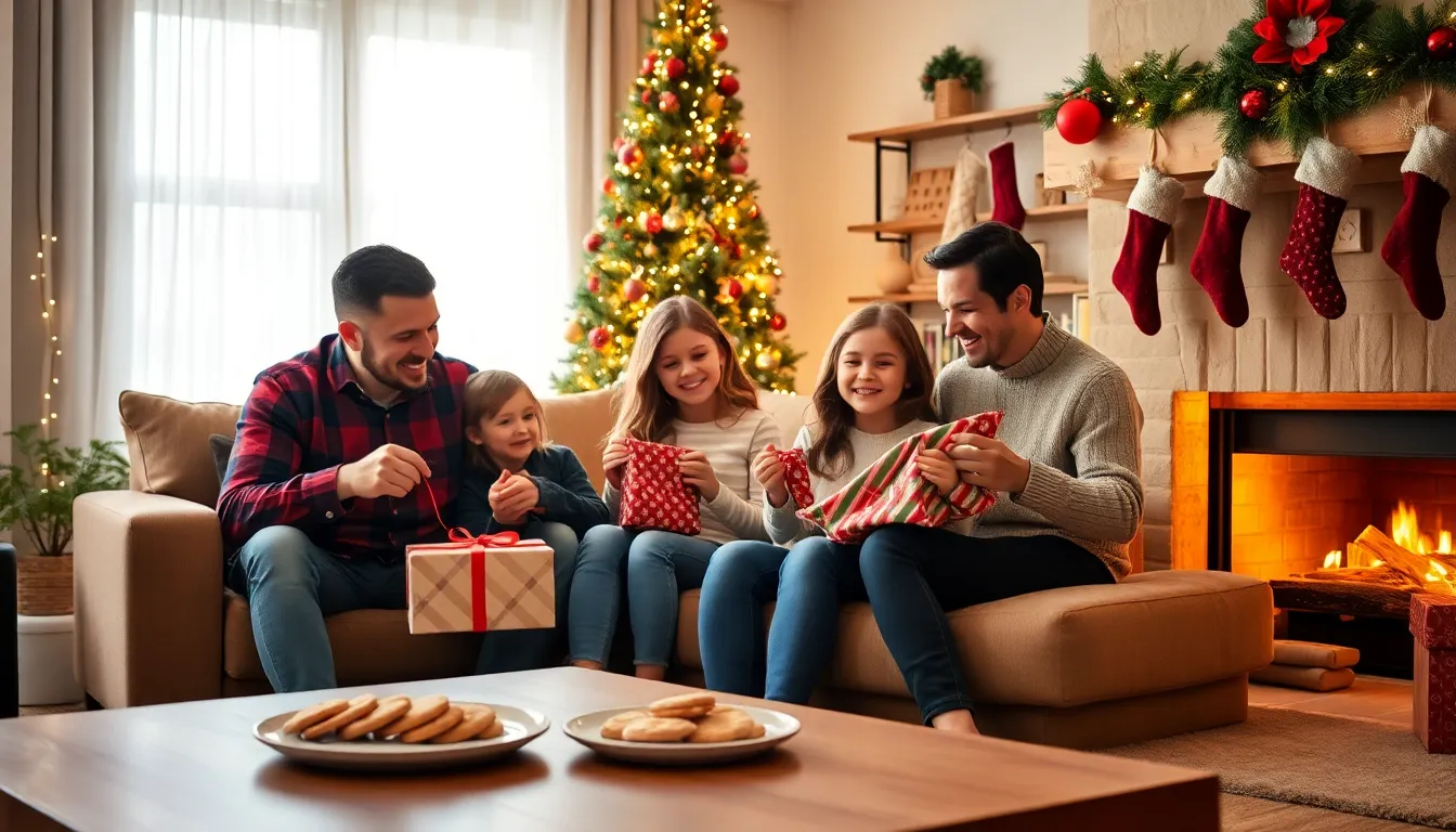 family gathered around a Christmas tree unwrapping gifts.