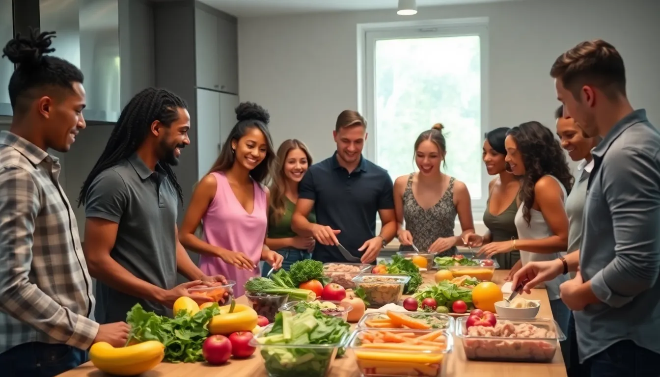diverse group preparing healthy meals in a modern kitchen.