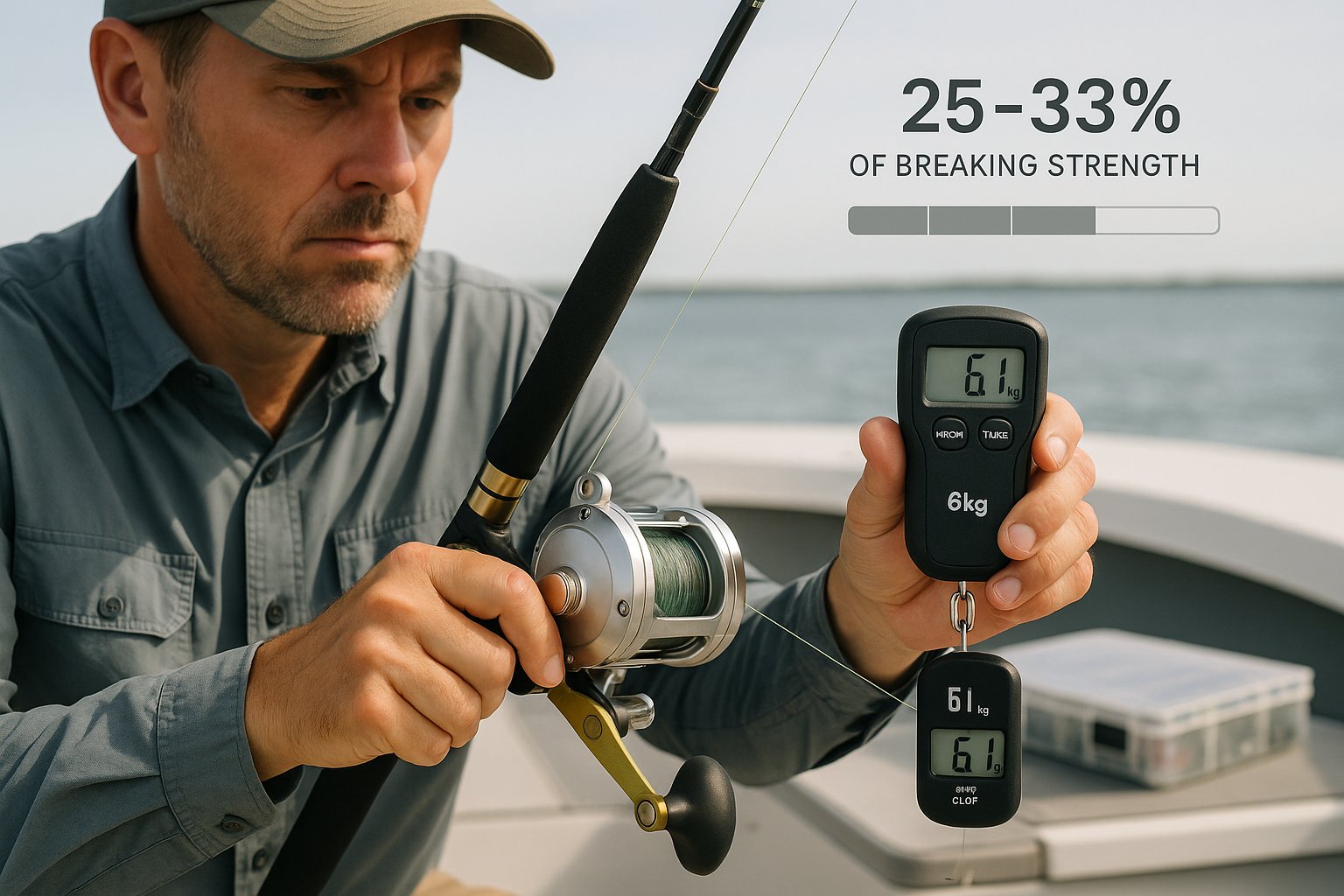 Angler using a scale to set reel drag for big fish.