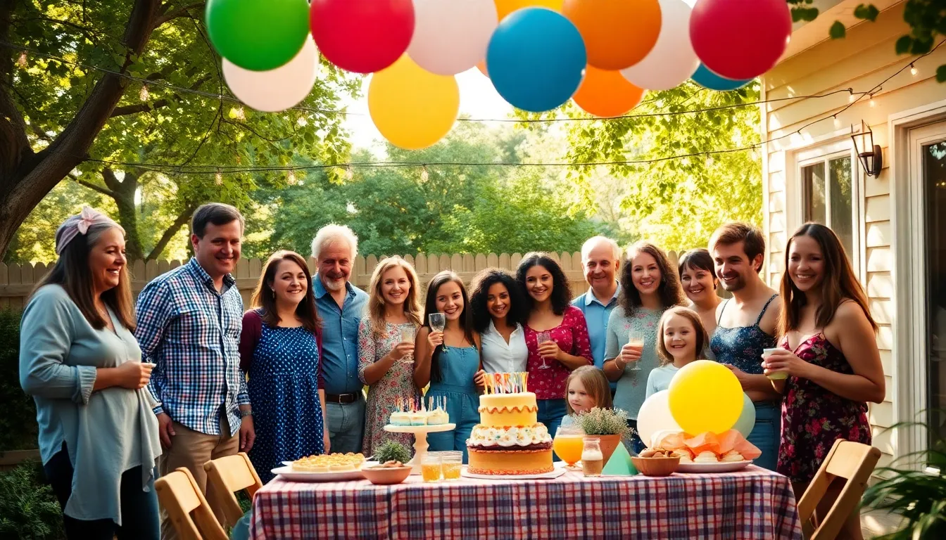 diverse friends celebrating at a vibrant backyard birthday party.