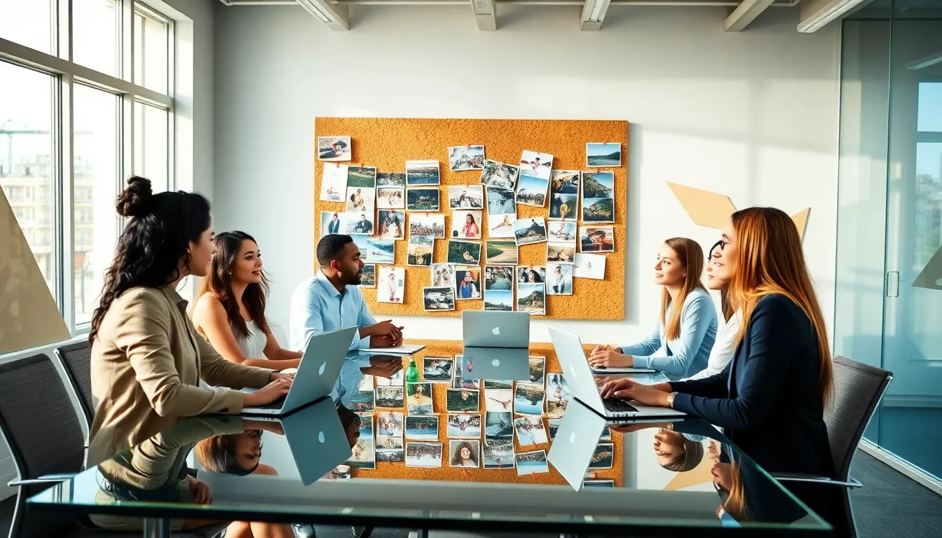 diverse professionals discussing photos in a modern office.