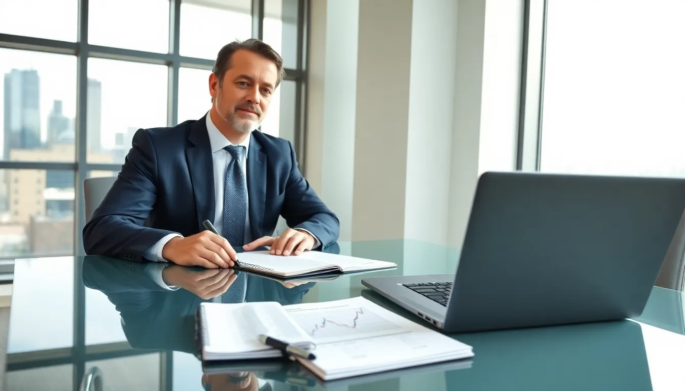 Investor analyzing dividend growth strategy in a modern office.