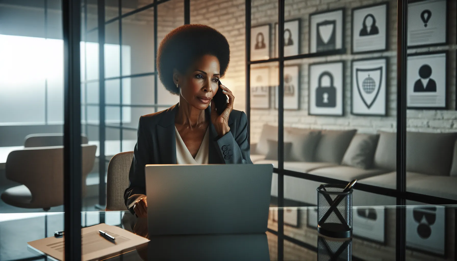 woman on a call in a modern office focusing on privacy concerns.