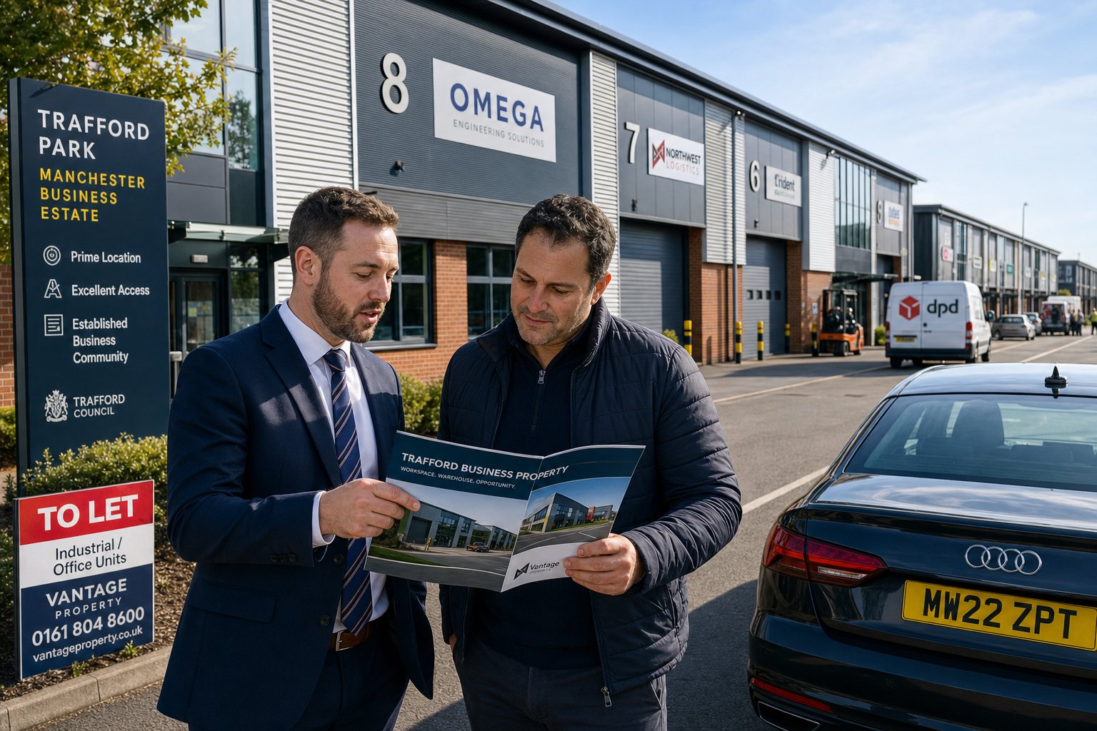 Two professionals viewing office and industrial units on a Trafford business estate in morning light.