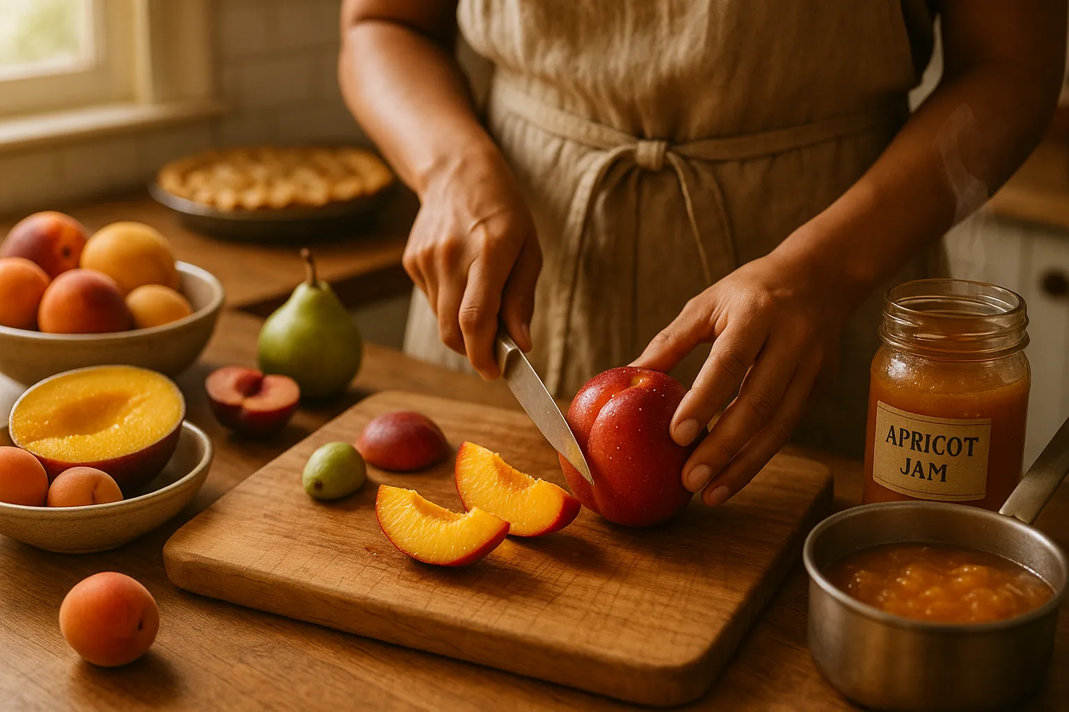 Hands slicing a glossy nectarine on a wooden board with fruit and jam nearby.