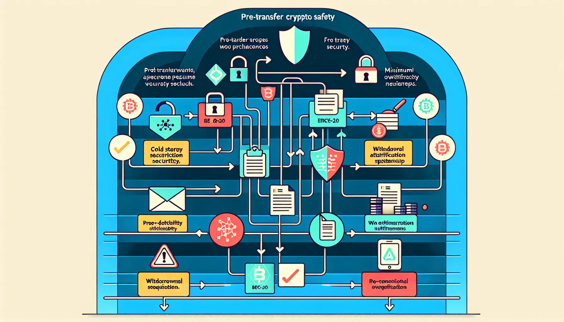 Vertical infographic showing crypto transfer preparation steps including security, network compatibility, and fee verification.