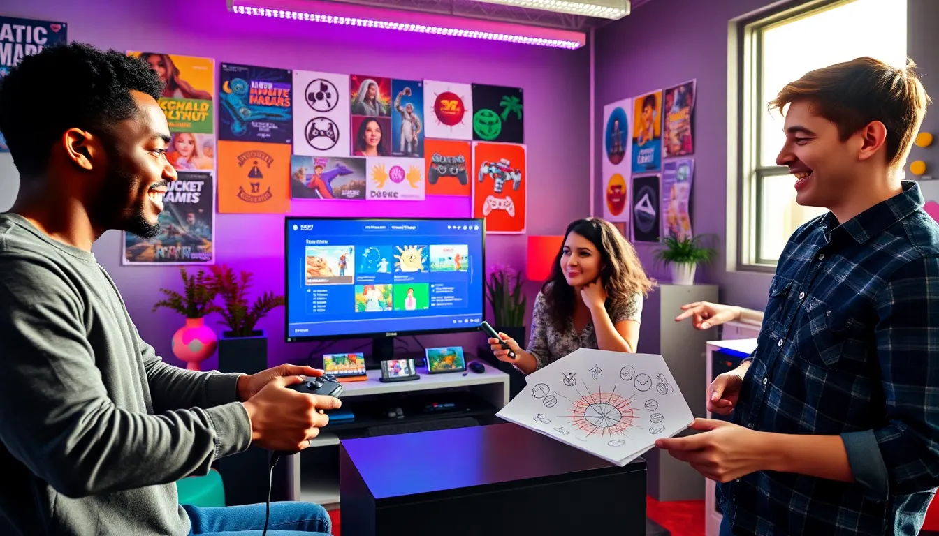 A group of young adults collaborating in a modern gaming room.