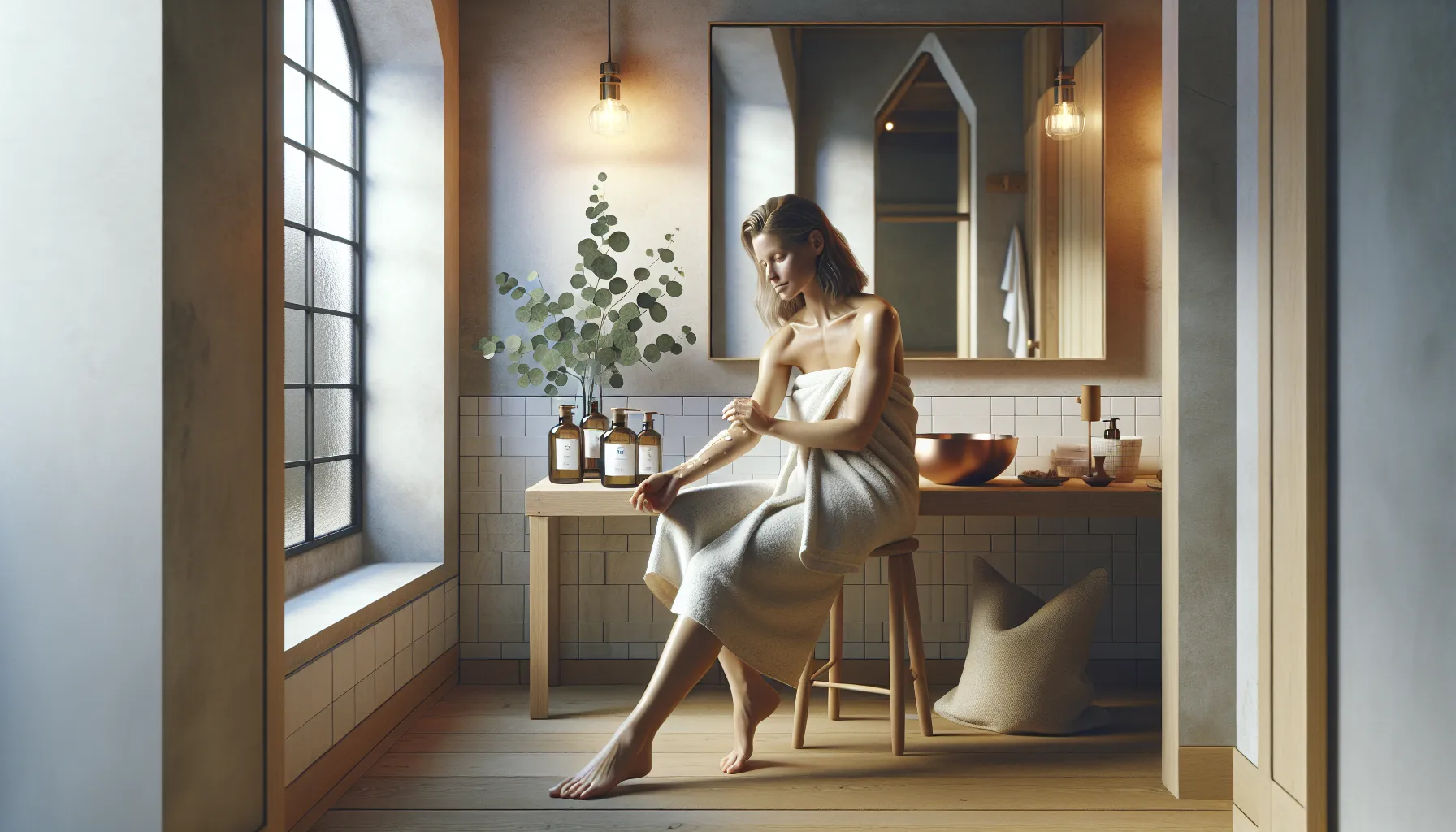 Norwegian woman doing ayurvedic oil self-massage in a calm, scandinavian bathroom.