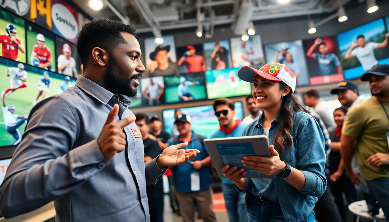 fans discussing football and golf at a sports news hub.