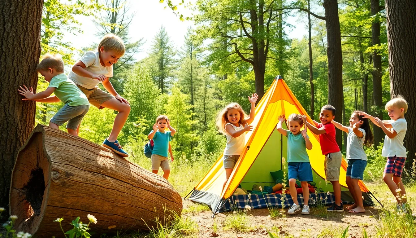 preschoolers enjoying camping activities in a sunny outdoor setting.