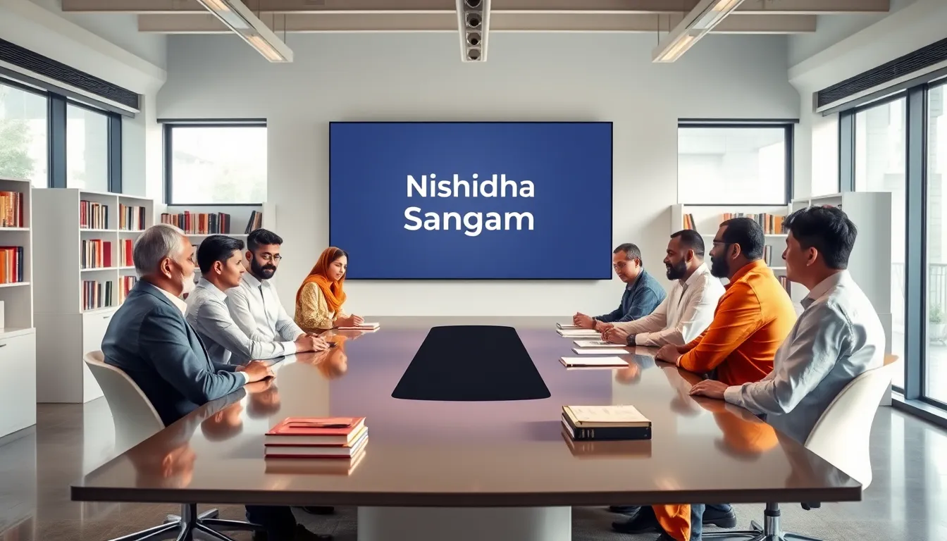diverse scholars discussing Indian philosophy in a modern office.