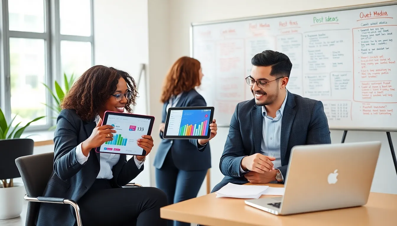 diverse team collaborating on social media strategies in a modern office.