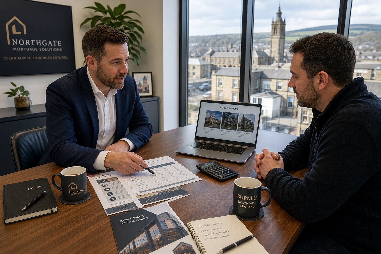 Mortgage adviser and business owner comparing commercial lending options in a bright office with a Burnley town view.