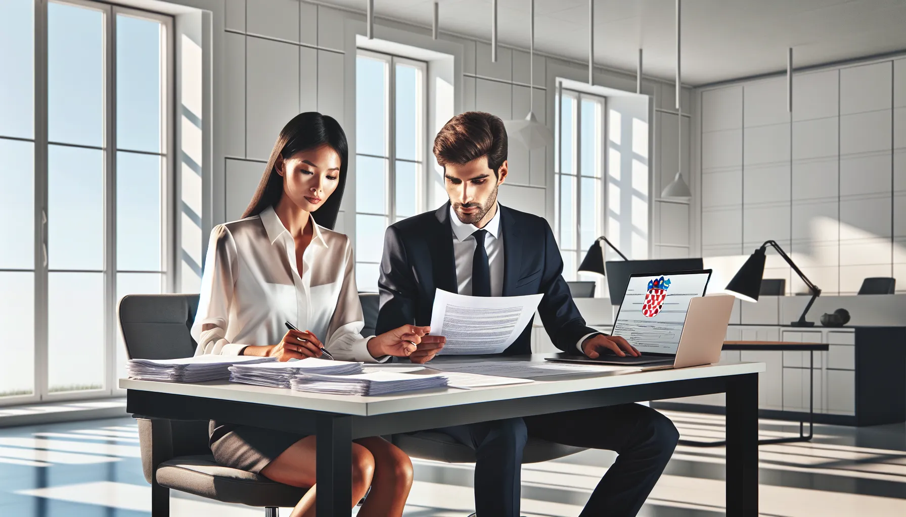 Croatian couple reviewing official partnership documents in modern office setting