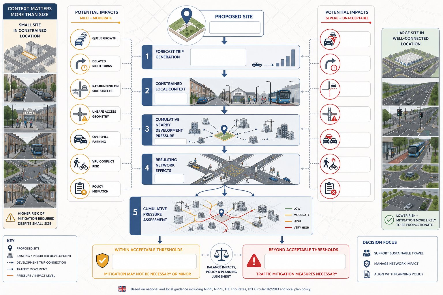 Infographic showing when development traffic impacts require mitigation in the UK.