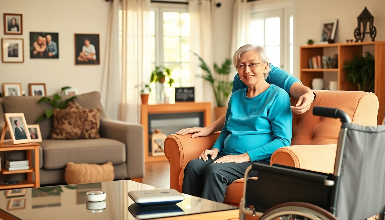 caregiver assisting an elderly woman in a cozy living room.