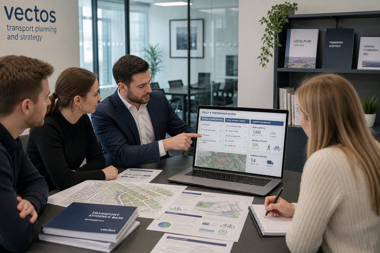 Transport consultants reviewing planning policy and development transport data in a UK office.