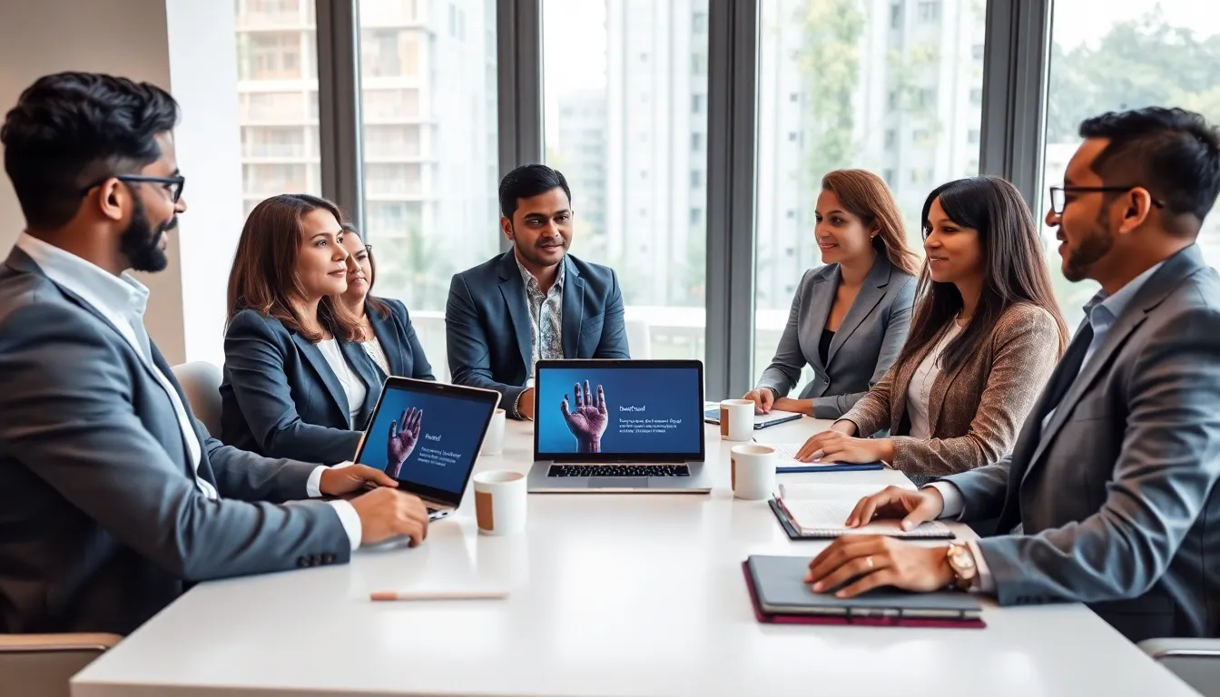 diverse professionals discussing cultural themes in a modern office.