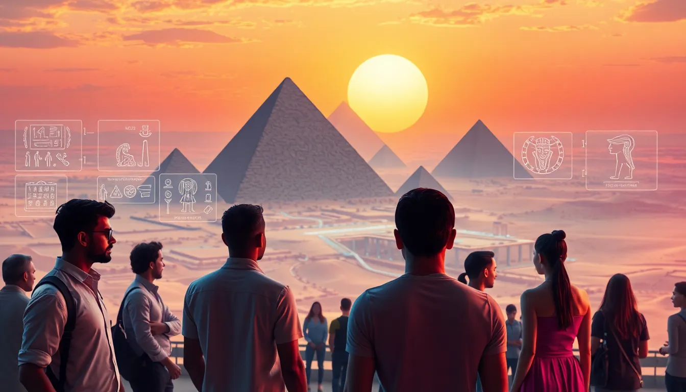diverse gamers exploring ancient Egypt-themed digital environment.