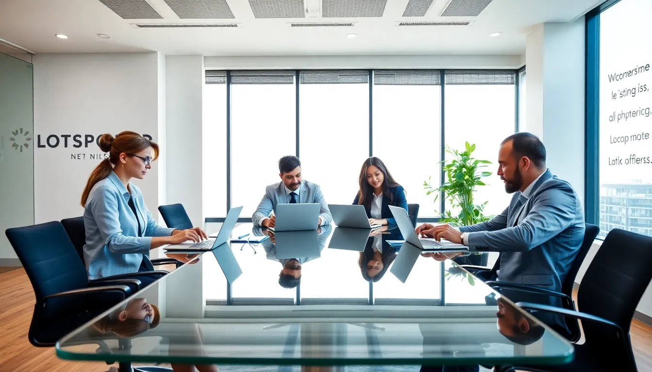 diverse team discussing in a modern office setting.