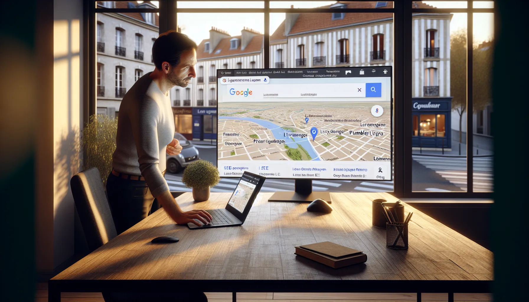 Local SEO consultant in Livry-Gargan showing Google search results to a business owner.