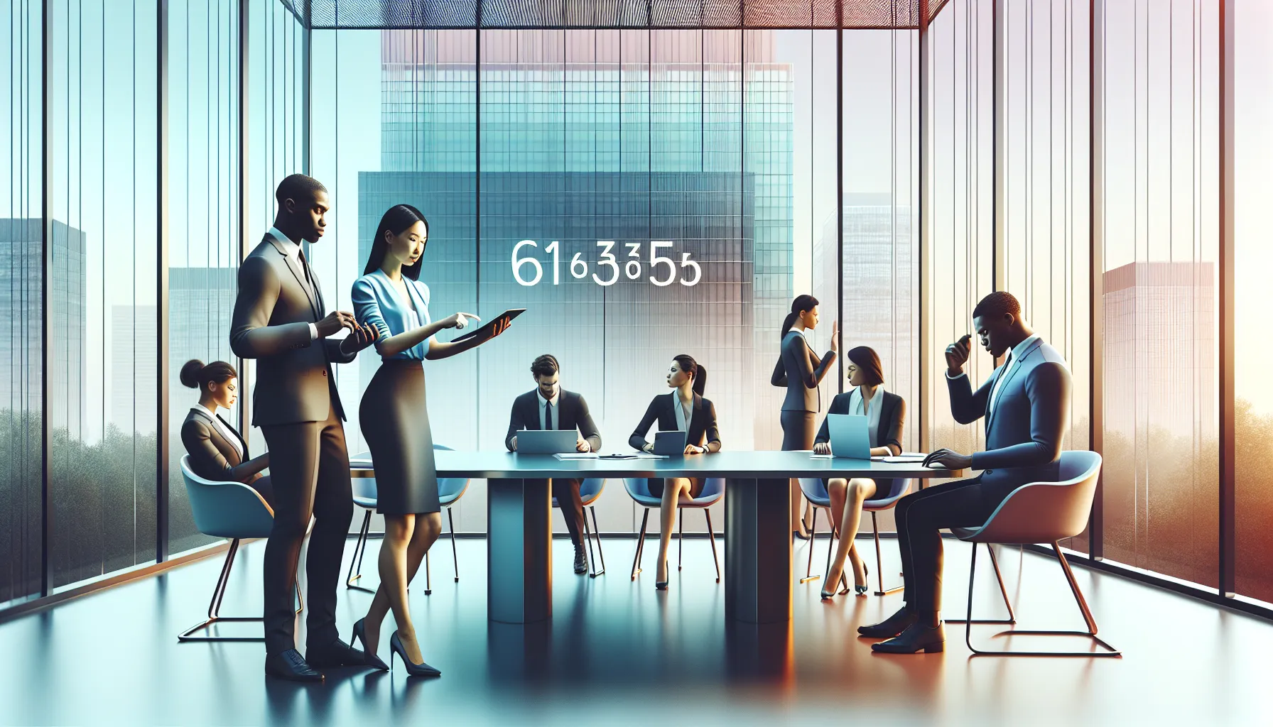 diverse professionals discussing a number in a modern office.