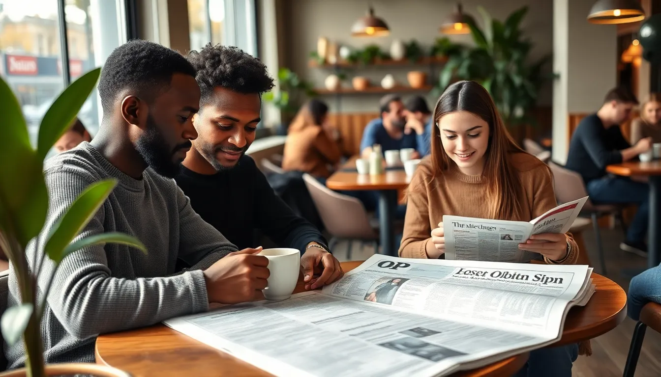 Diverse group in a café discussing an OP opinion piece and solving a crossword.