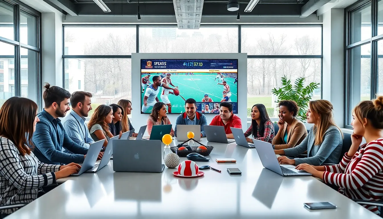 diverse group discussing sports updates in a modern office.