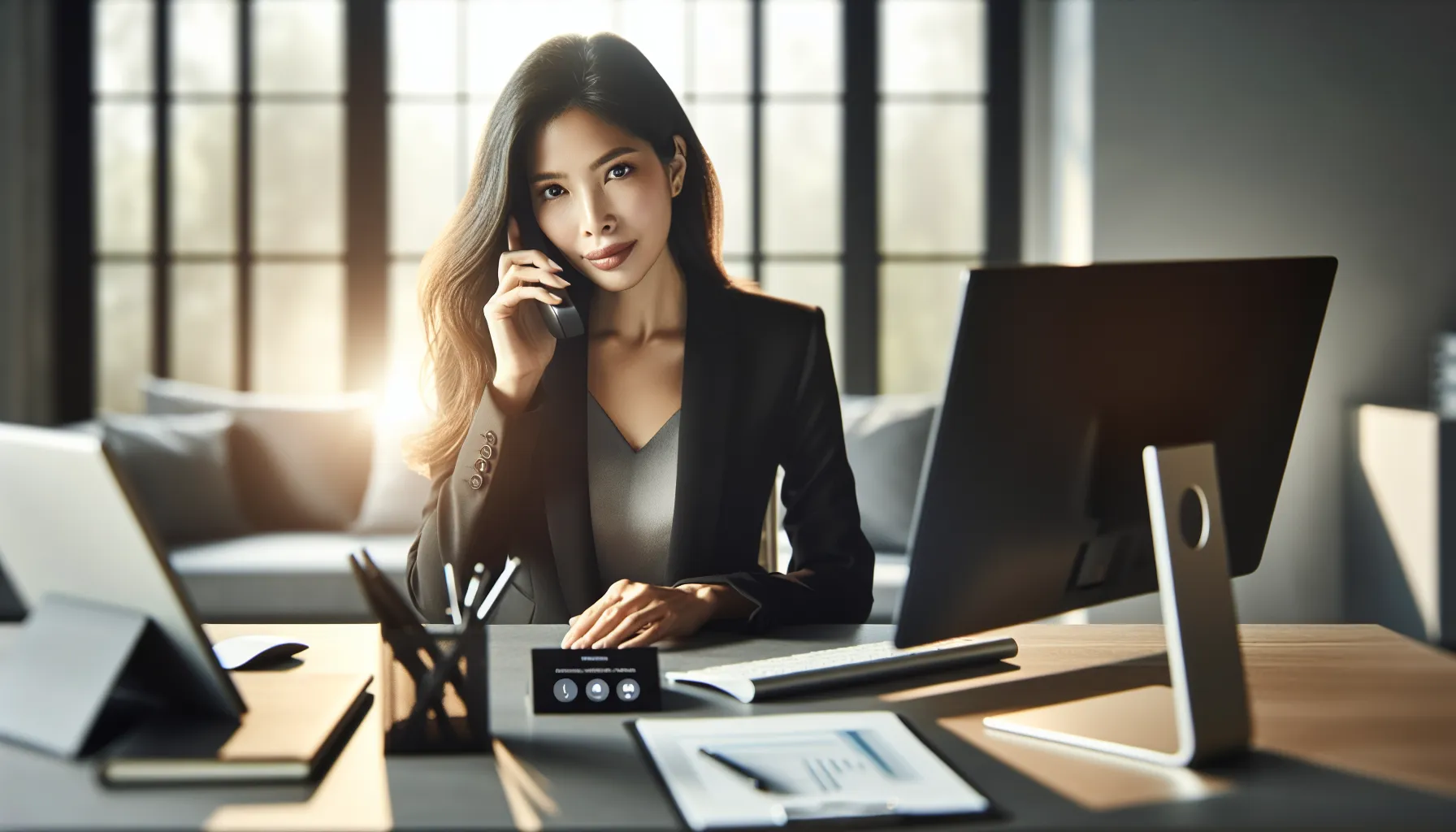 professional woman answering a call at a modern office desk.