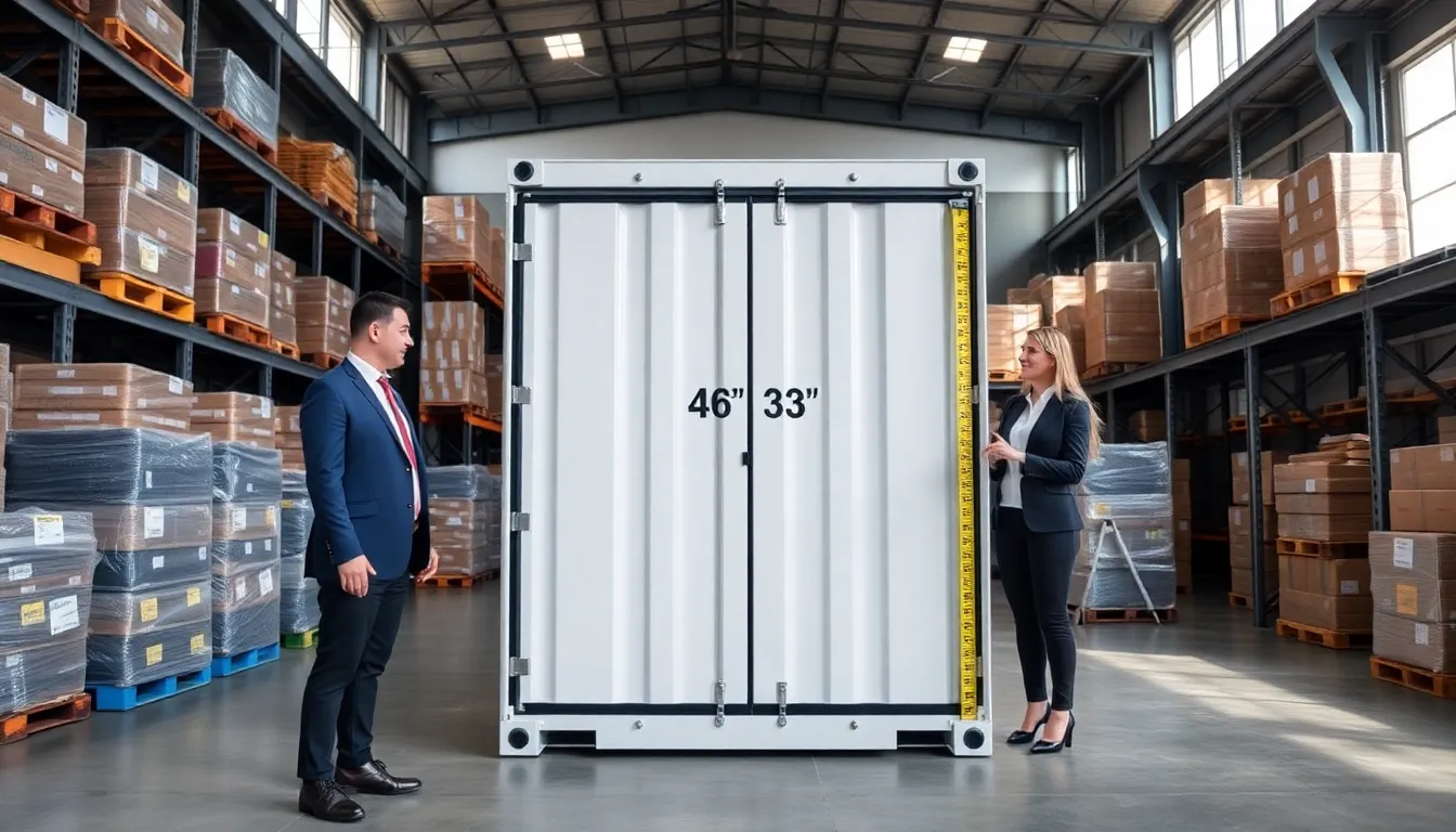 shipping container with dimensions 96x46x33 in a modern warehouse.