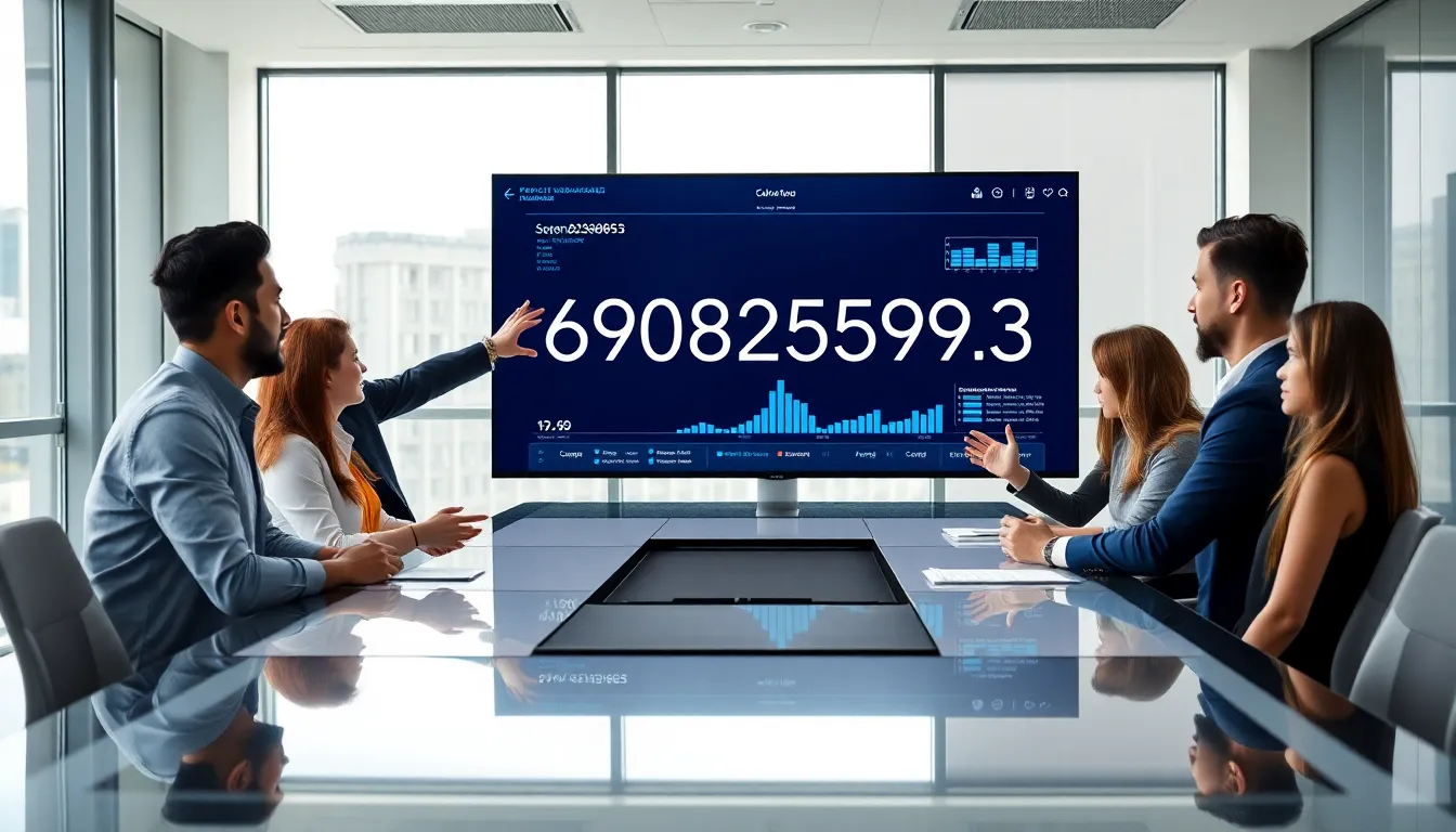 diverse team collaborating over analytics related to 6908258953 in an office.