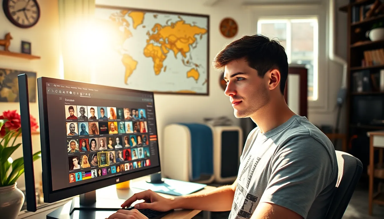 A young man creating a character using CK2Generator on his computer.