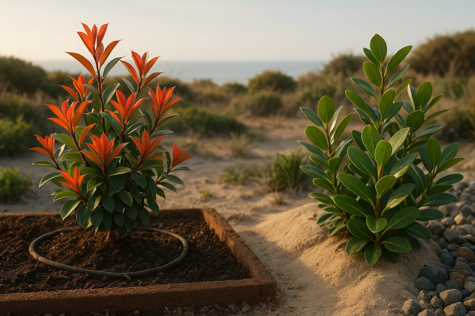 Photinia 'Red Robin' with red new growth beside wind-tolerant Griselinia in contrasting soil.