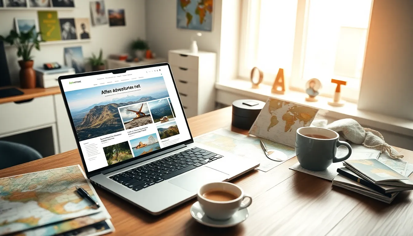 workspace with travel items and a laptop displaying Adventuretwo.net.