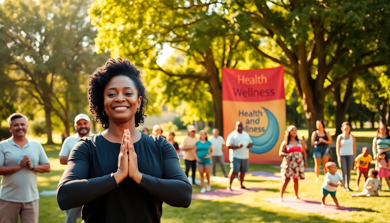 A diverse group practicing yoga together in a sunlit park.