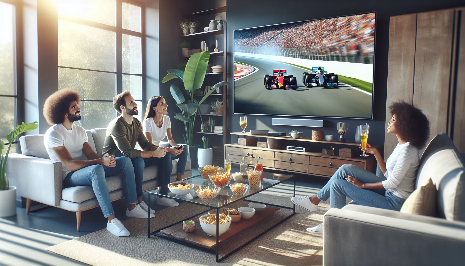 friends watching a live sports race in a modern living room.